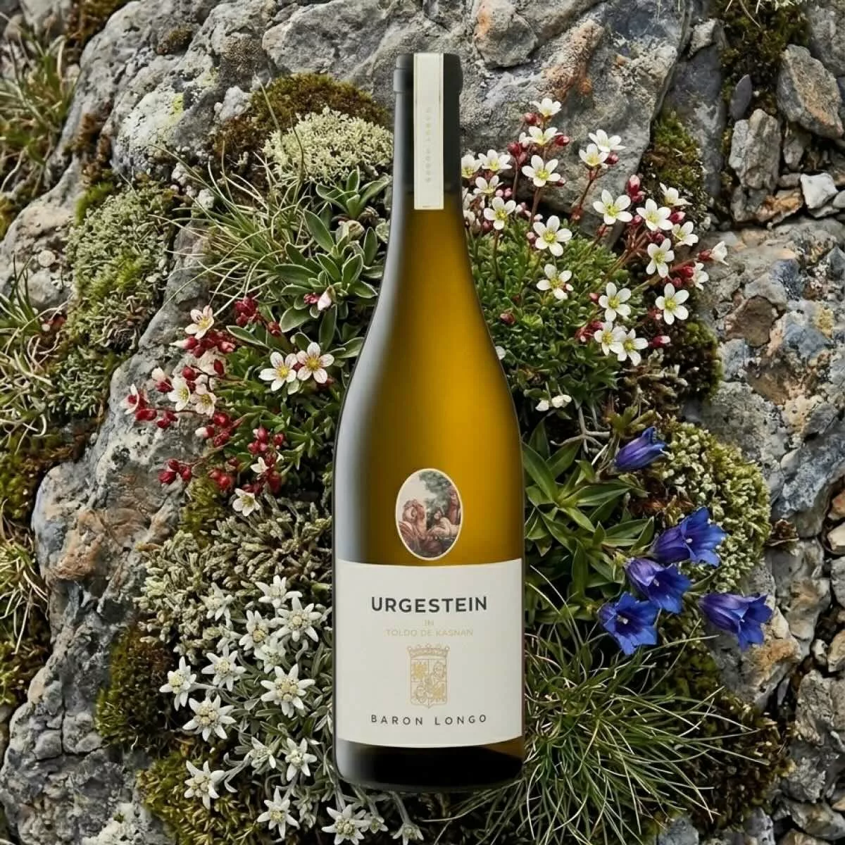 Baron Longo Urgestein Sauvignon Blanc fles tussen alpine bloemen en oergesteente in het Trudner Horn Natuurpark, Zuid-Tirol