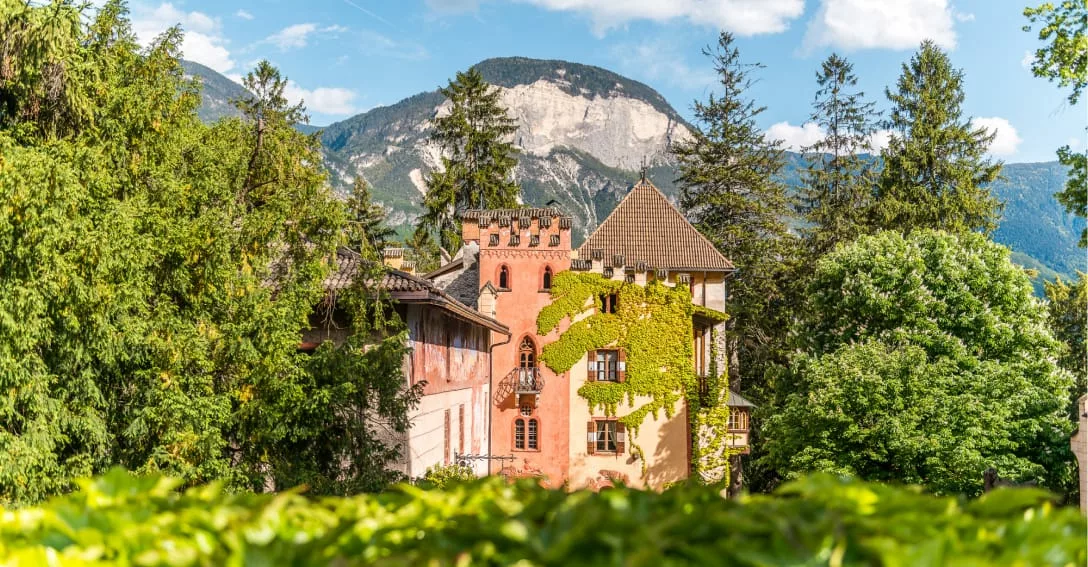 Kasteelachtig roze gebouw van Tiefenbrunner, begroeid met klimop en met torentjes. Gelegen tussen bomen en wijngaarden met een grote berg op de achtergrond onder een blauwe lucht.